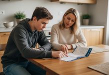 Quelle est l’importance de la sélection d’une banque pour son ado ? Adolescent de 15 ans avec sa mère regardant une brochure bancaire