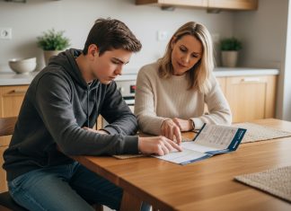 Quelle est l’importance de la sélection d’une banque pour son ado ? Adolescent de 15 ans avec sa mère regardant une brochure bancaire