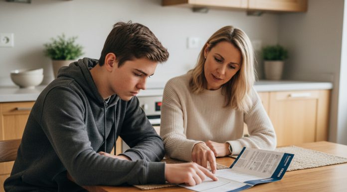 Quelle est l’importance de la sélection d’une banque pour son ado ? Adolescent de 15 ans avec sa mère regardant une brochure bancaire
