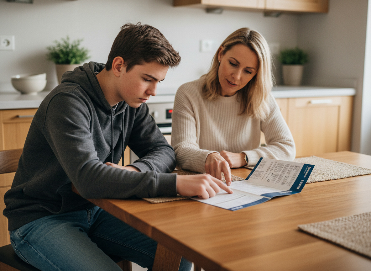 Adolescent de 15 ans avec sa mère regardant une brochure bancaire