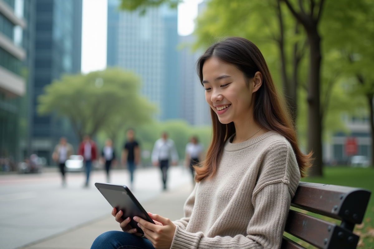 Jeune économiste souriante analysant des données sur tablette en plein air