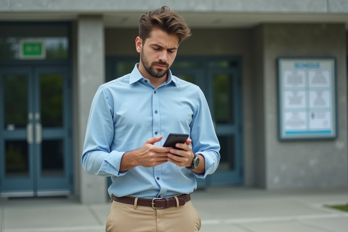Jeune professeur vérifiant son smartphone devant l