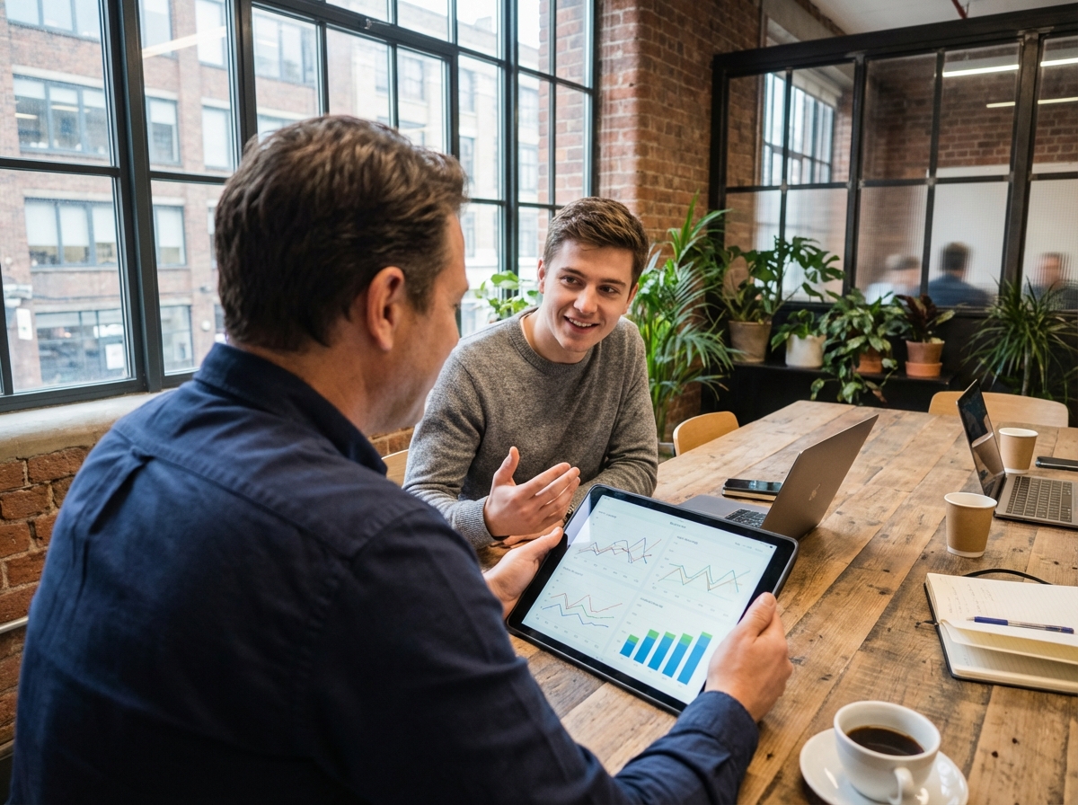Jeune entrepreneur discutant de graphiques financiers avec un collègue dans un espace de coworking