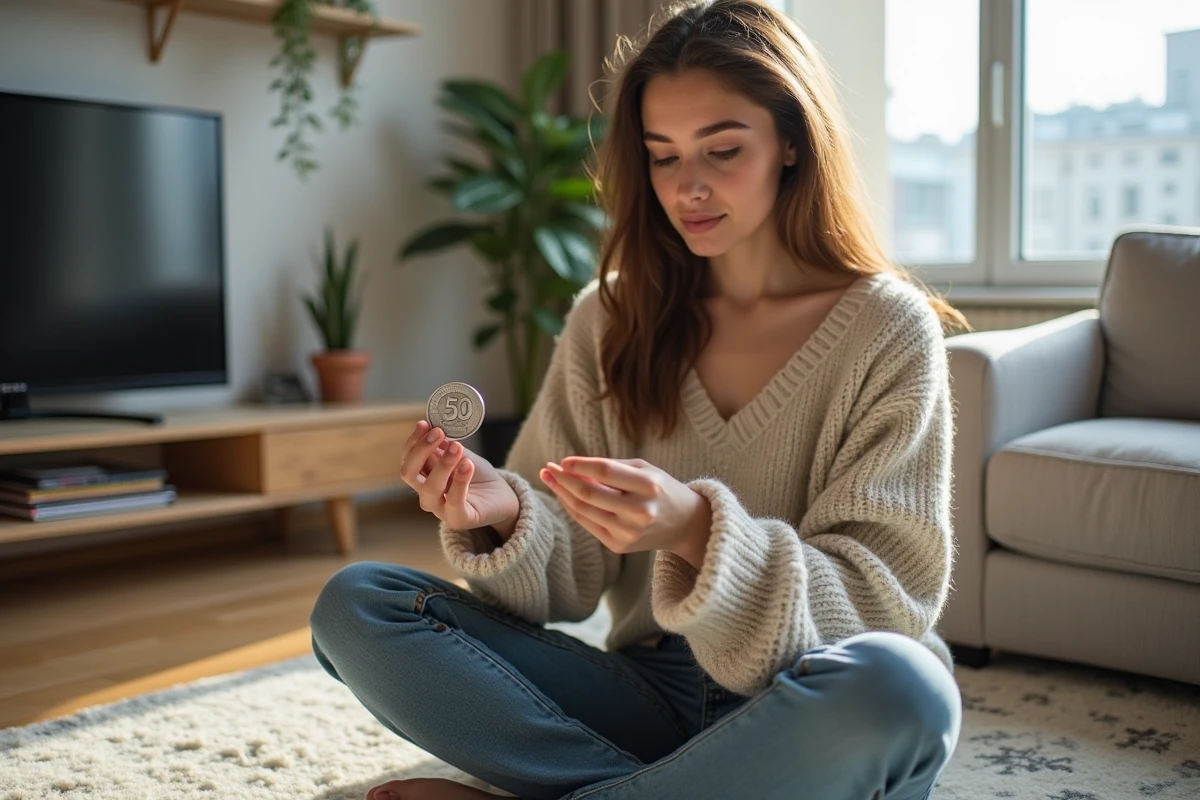 Jeune femme tenant une pièce de 50 francs 1977 dans un salon