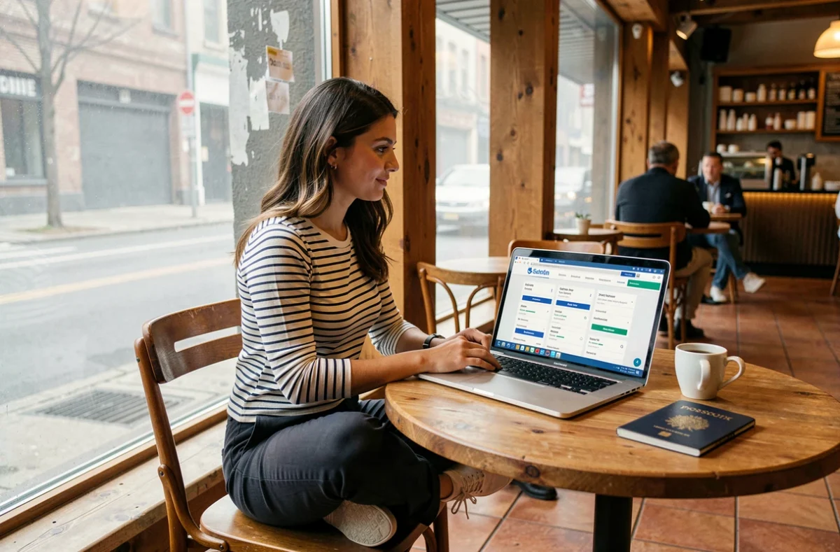 Jeune femme comparant des offres d'assurance voyage en ligne sur un ordinateur portable dans un café avant un court séjour