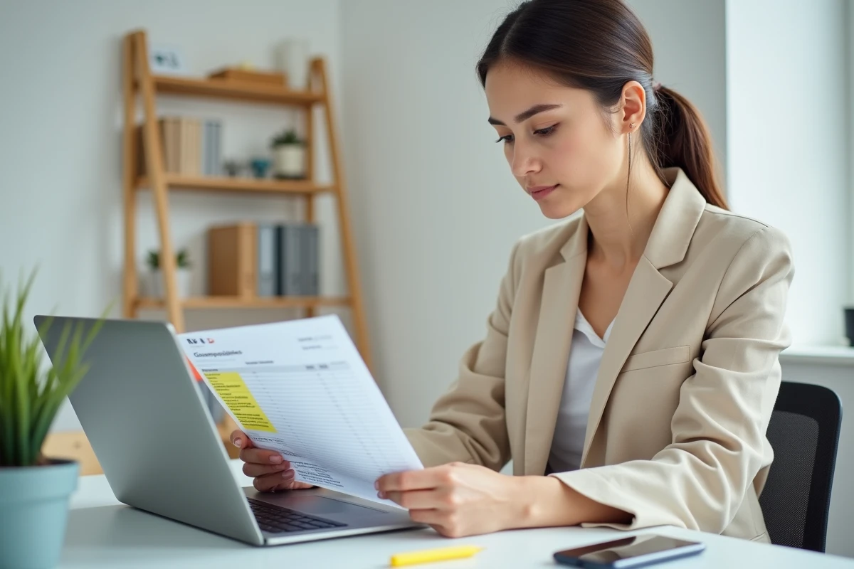 Jeune femme surlignant la rubrique 2BH sur son imprimé fiscal unique IFU devant son ordinateur