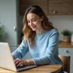 Emprunter de l’argent : trouver le meilleur endroit pour votre prêt rapide et fiable Jeune femme en sweater bleu utilisant un ordinateur à la maison