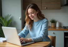 Emprunter de l’argent : trouver le meilleur endroit pour votre prêt rapide et fiable Jeune femme en sweater bleu utilisant un ordinateur à la maison
