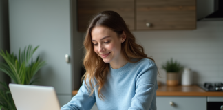 Emprunter de l’argent : trouver le meilleur endroit pour votre prêt rapide et fiable Jeune femme en sweater bleu utilisant un ordinateur à la maison