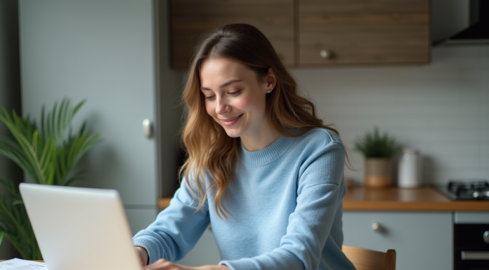 Emprunter de l’argent : trouver le meilleur endroit pour votre prêt rapide et fiable Jeune femme en sweater bleu utilisant un ordinateur à la maison