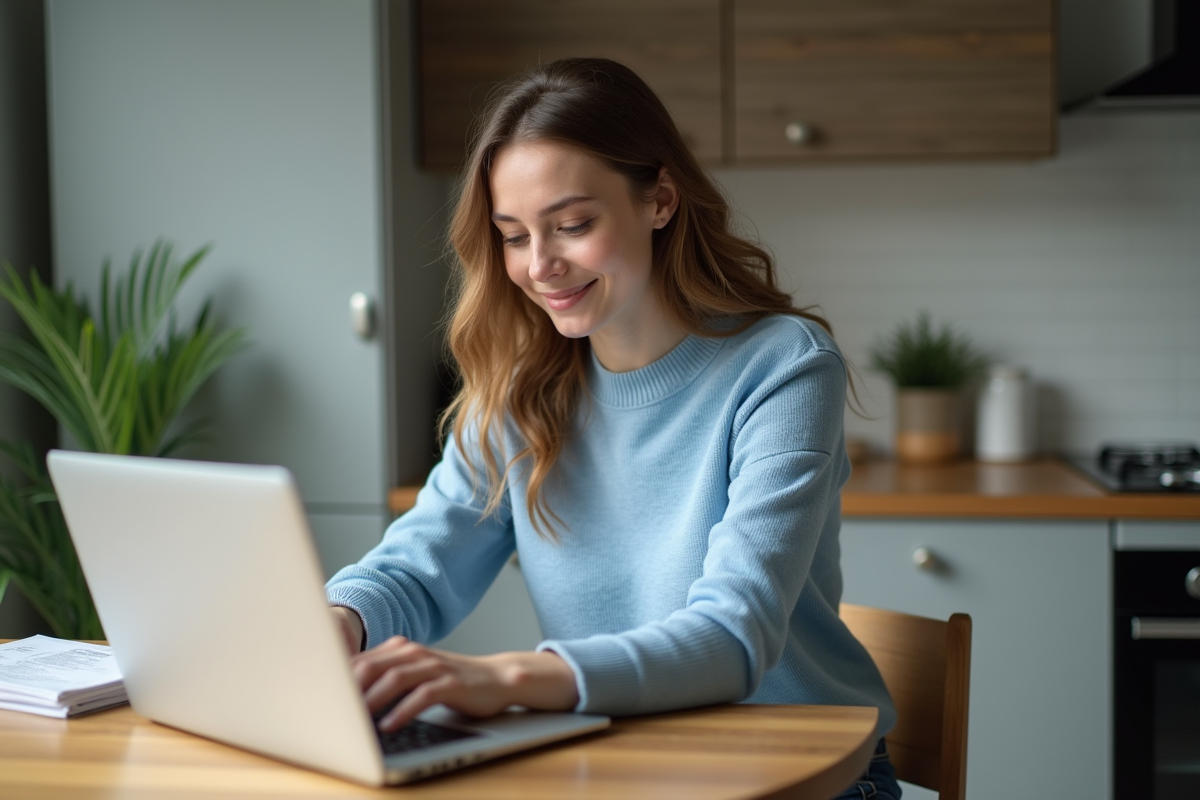 Jeune femme en sweater bleu utilisant un ordinateur à la maison
