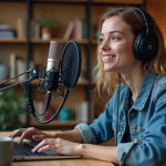 Jeune femme confiante en podcast dans un bureau créatif