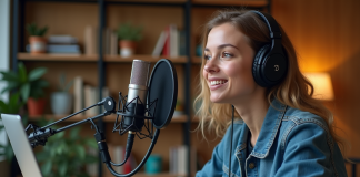 Jeune femme confiante en podcast dans un bureau créatif