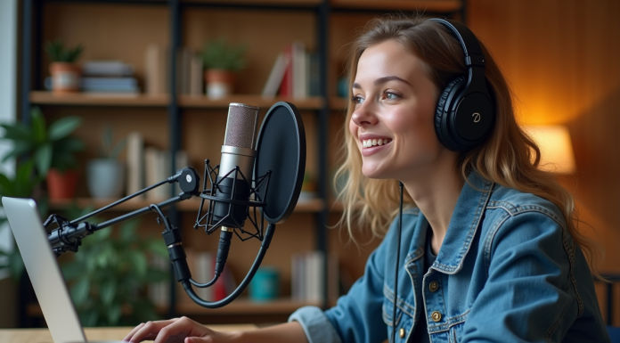 Jeune femme confiante en podcast dans un bureau créatif