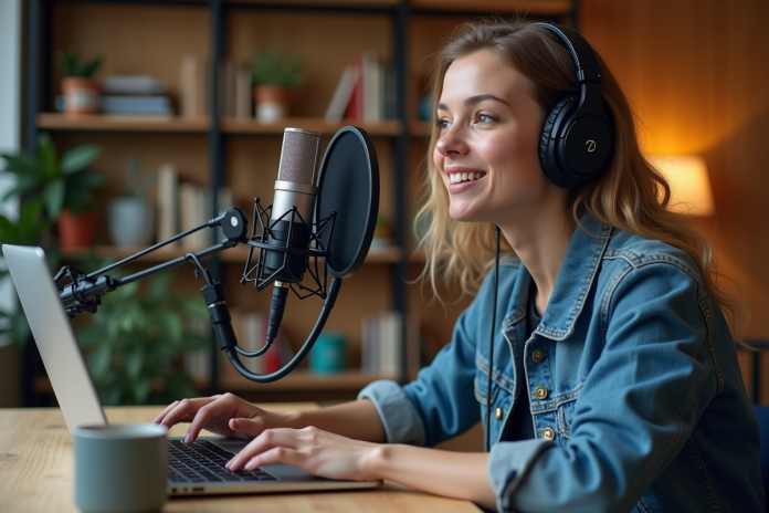Jeune femme confiante en podcast dans un bureau créatif