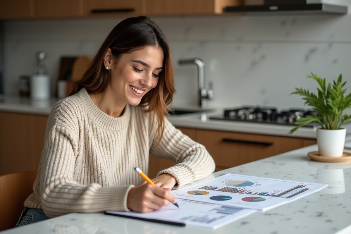 Jeune femme étudie des graphiques dans sa cuisine