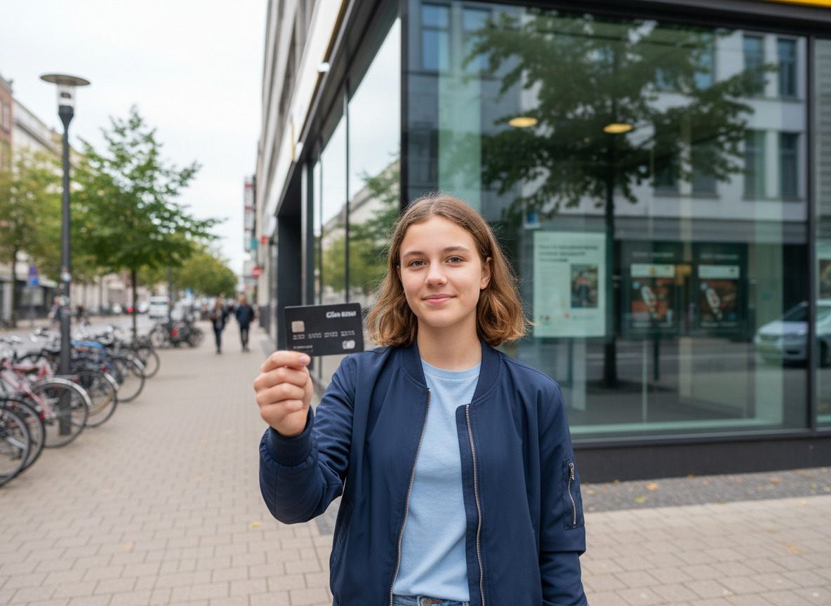 Fille de 16 ans souriante devant une banque en ville