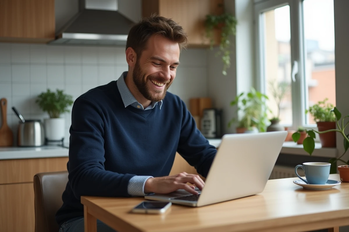 Jeune homme souriant utilisant un ordinateur portable dans la cuisine