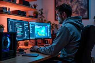 Jeune homme concentré devant ses écrans de minage bitcoin