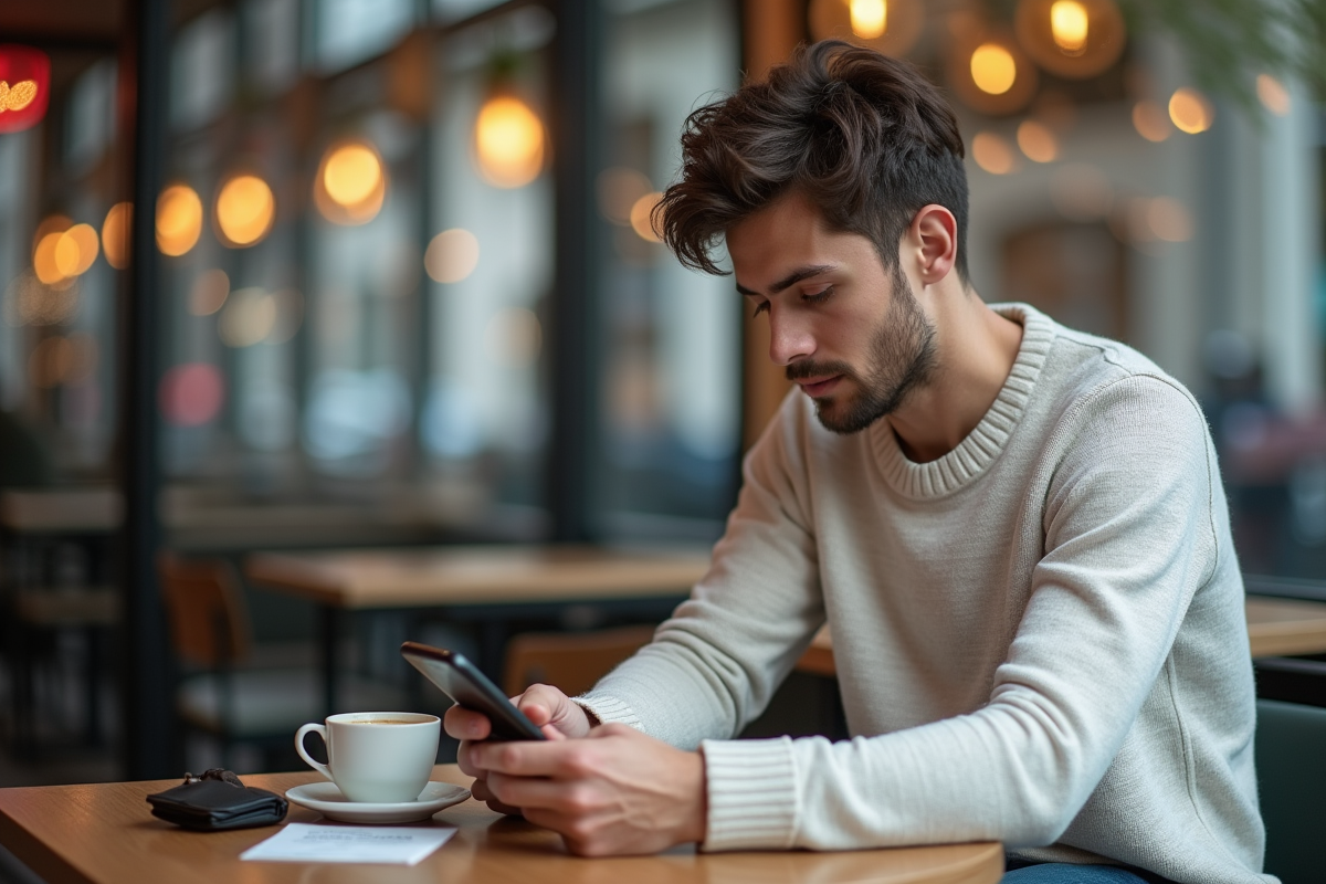Jeune homme utilisant une application bancaire sur son smartphone au café