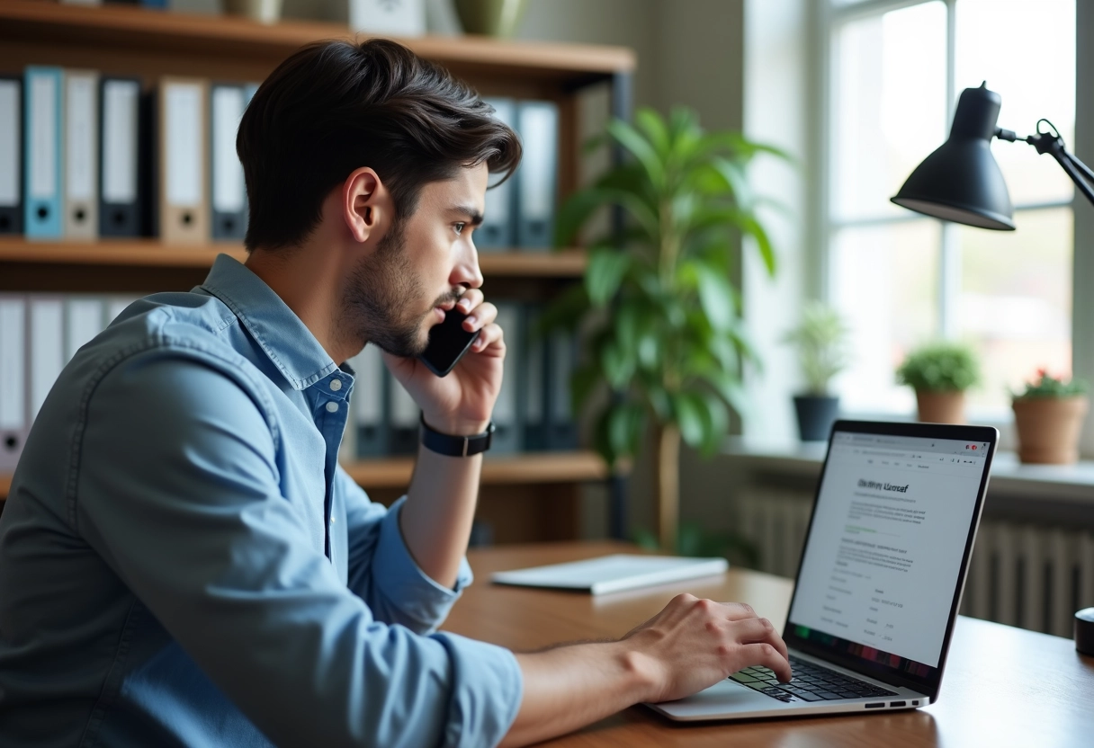 Jeune homme parlant au téléphone devant un ordinateur