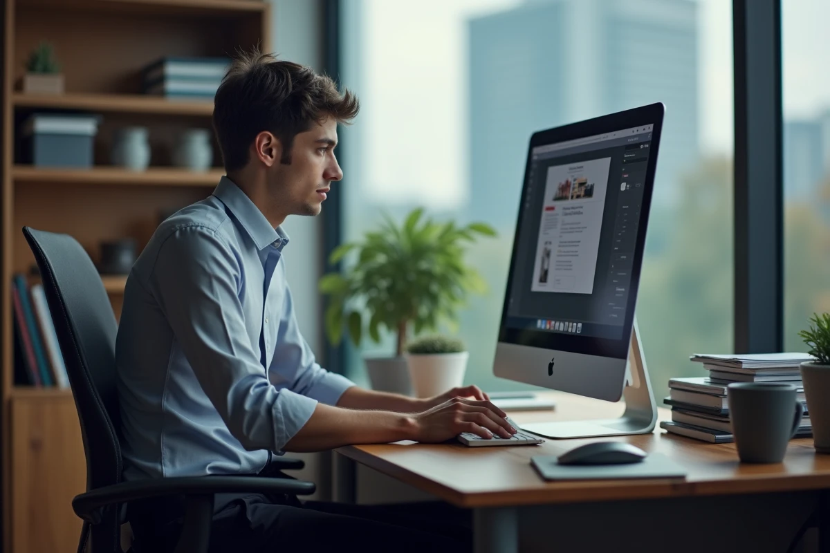 Jeune homme concentré utilisant un ordinateur dans son bureau