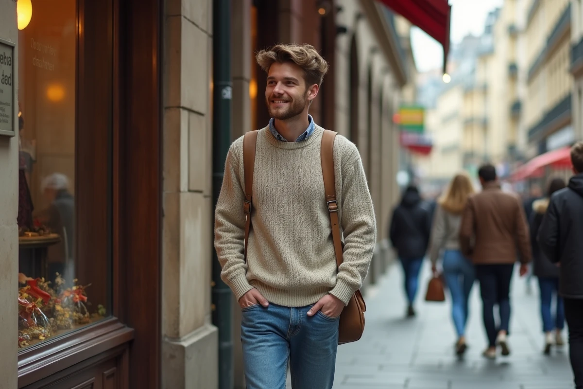 Jeune homme dans une rue parisienne vintage en 1990s