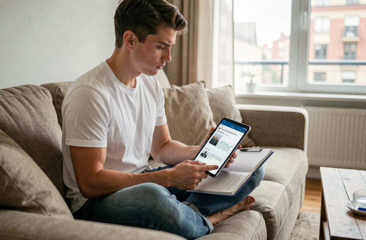 Jeune personne vérifiant la fiabilité d'une plateforme financière sur tablette dans un salon confortable