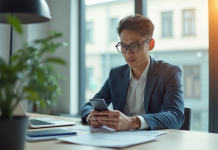 Jeune professionnel utilisant une application bancaire sur smartphone