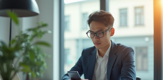 Jeune professionnel utilisant une application bancaire sur smartphone