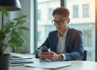 Jeune professionnel utilisant une application bancaire sur smartphone