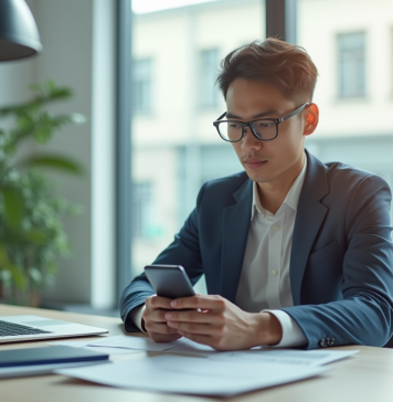 Jeune professionnel utilisant une application bancaire sur smartphone
