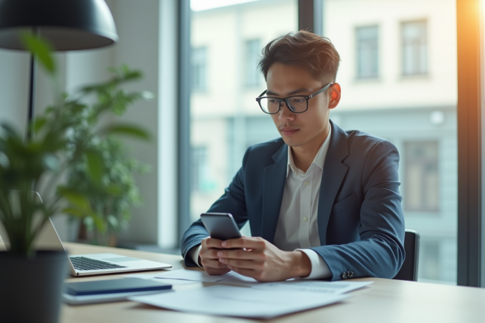 jeune-professionnel-banque-digitale Jeune professionnel utilisant une application bancaire sur smartphone
