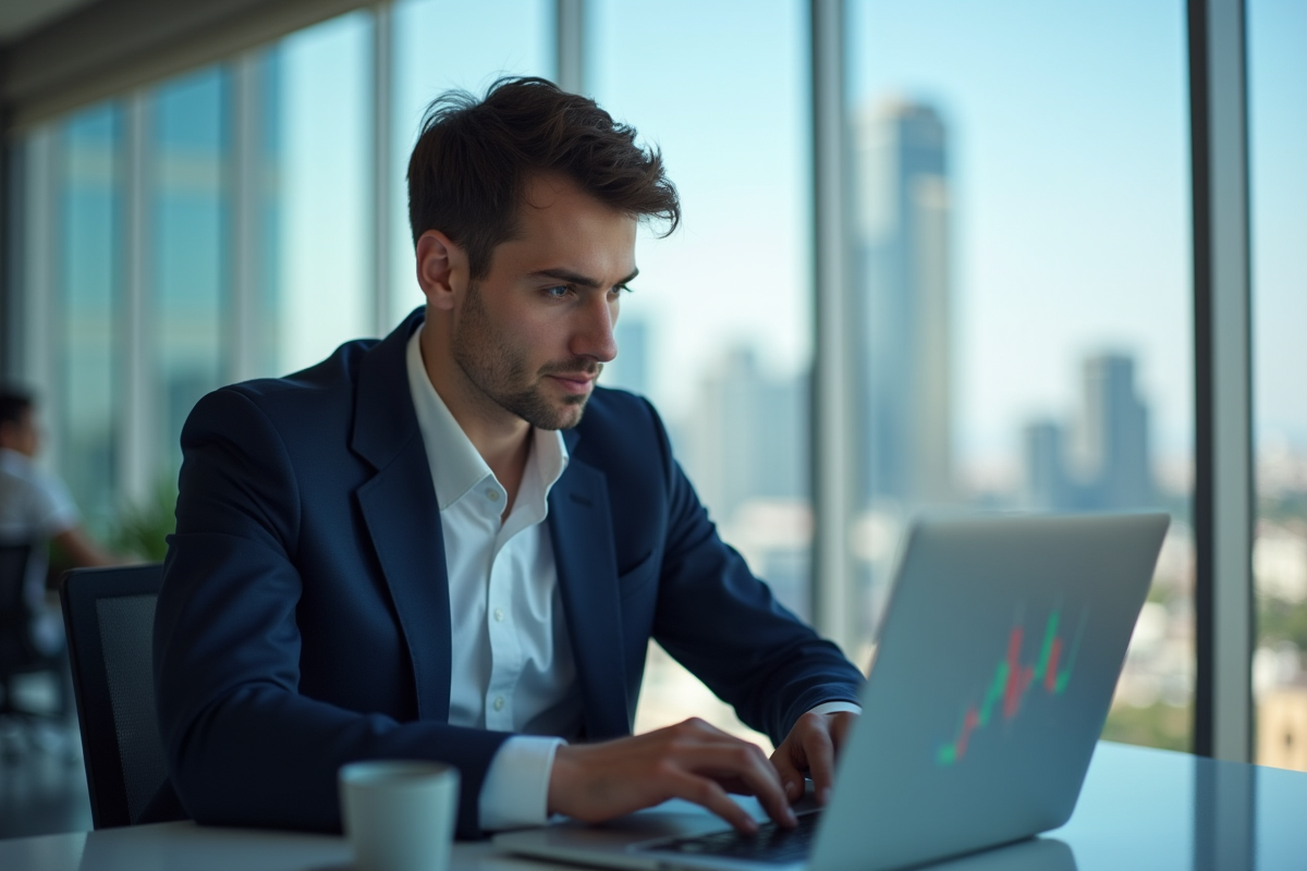 Jeune homme en costume regardant des graphiques financiers