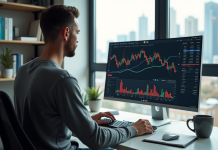 Trader du bitcoin : trouvez le meilleur moment pour investir en bourse Jeune trader concentré devant son ordinateur en home office