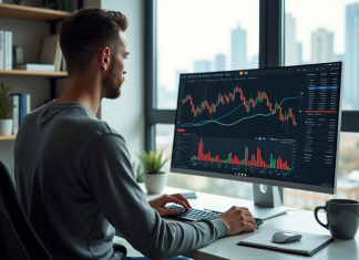 Trader du bitcoin : trouvez le meilleur moment pour investir en bourse Jeune trader concentré devant son ordinateur en home office
