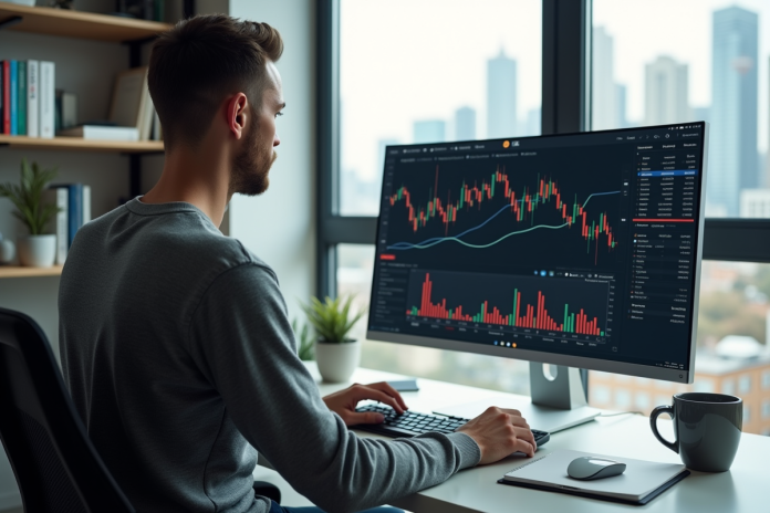 jeune-trader-bourse-ordinateur Jeune trader concentré devant son ordinateur en home office