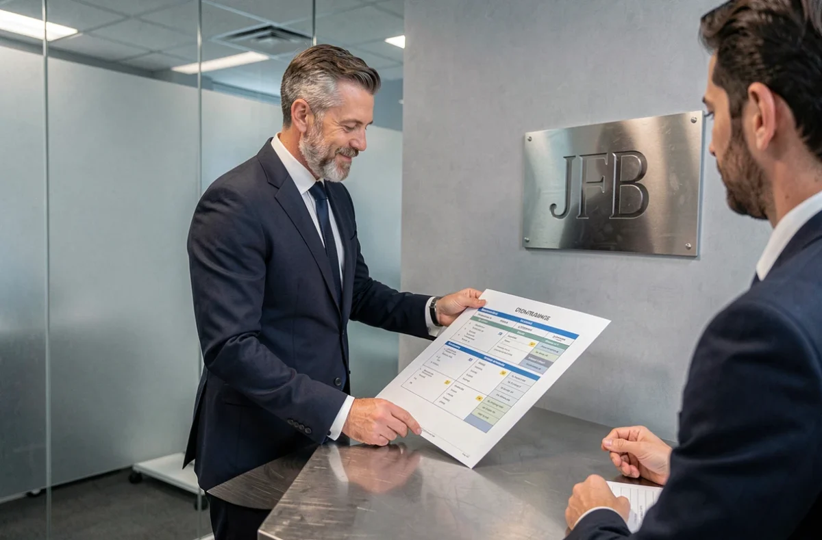Conseiller JFB Patrimoine debout à son bureau présentant une timeline de planification financière à un client