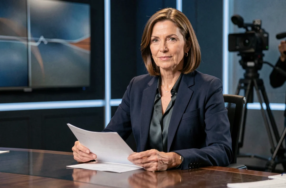 Journaliste professionnelle élégante en blazer marine dans un studio de télévision, évoquant la carrière médiatique et le salaire d'Audrey Crespo-Mara