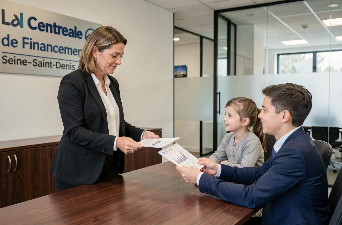 Une conseillère de La Centrale de Financement en Seine-Saint-Denis présente des offres de prêt à une famille