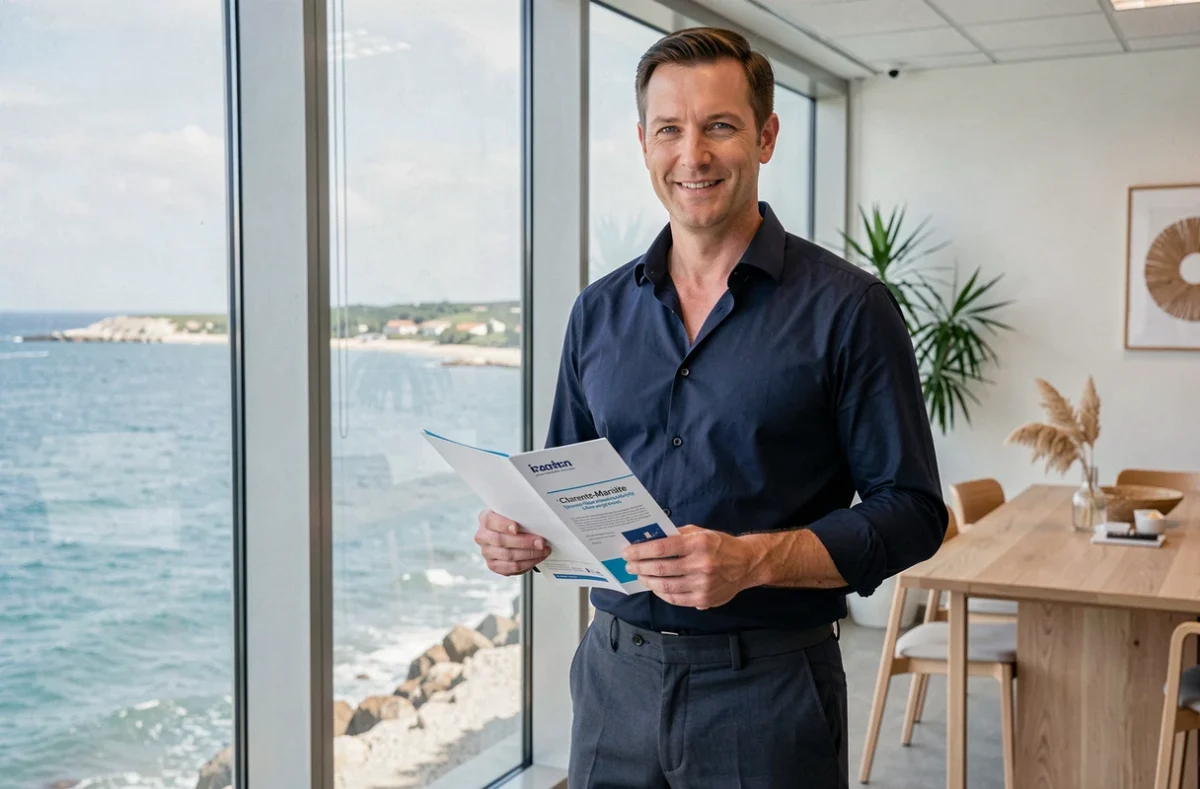 Conseiller du Patrimoine Bleu tenant une brochure avec vue sur la côte charentaise en arrière-plan