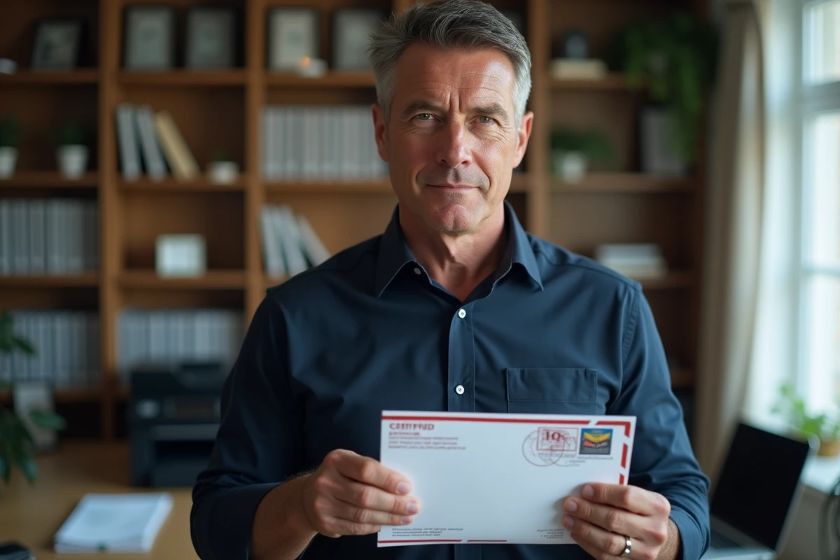 Homme tenant une lettre recommandée de résiliation d'assurance auto Direct Assurance pour motif légitime dans un bureau à domicile