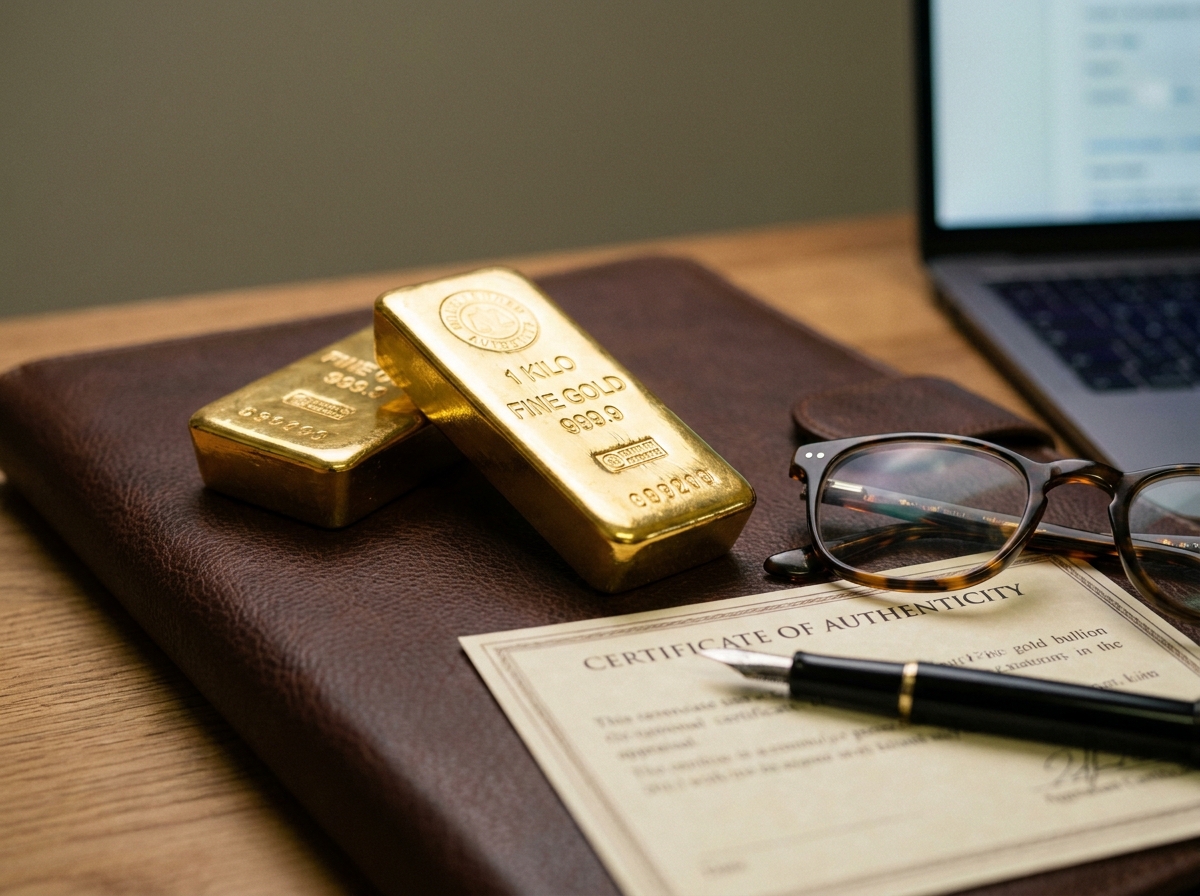 Lingots d'or posés sur un portfolio avec un certificat d'évaluation pour une vente accompagnée
