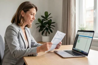 Propriétaire LMNP vérifiant une facture et un tableau fiscal sur ordinateur portable dans un bureau moderne