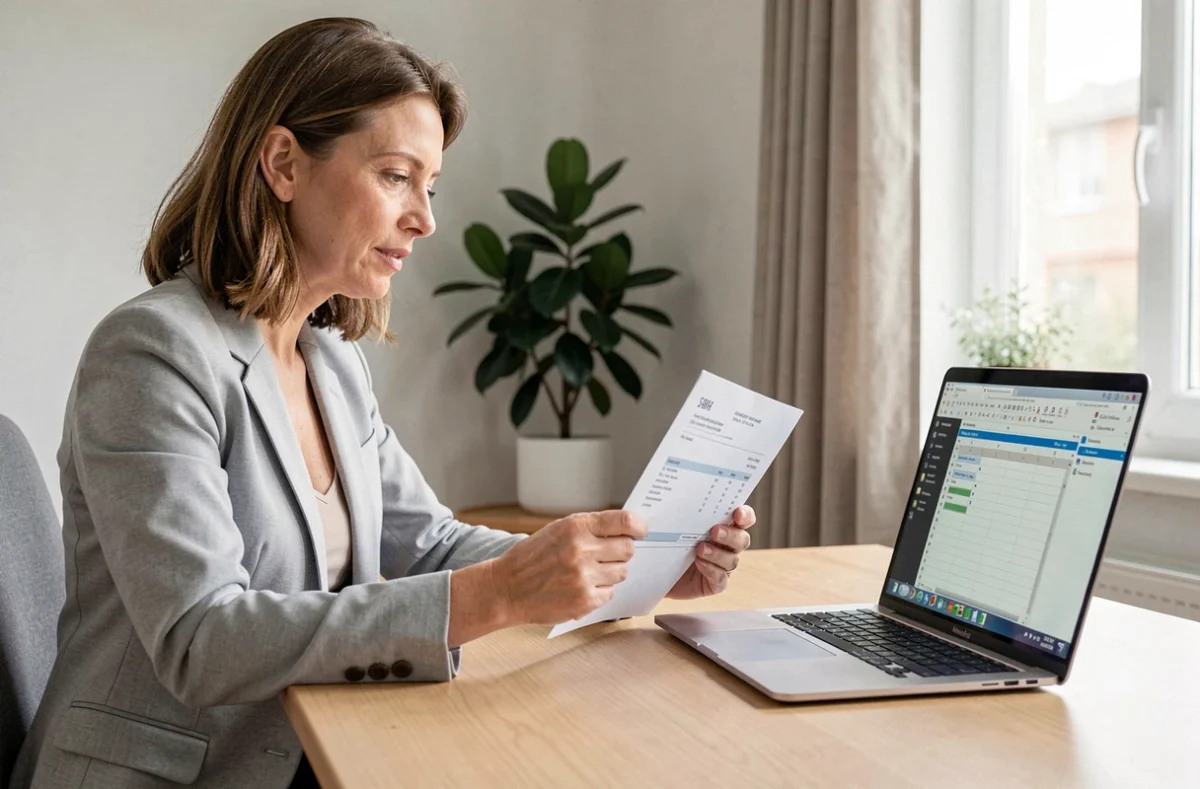 Propriétaire LMNP vérifiant une facture et un tableau fiscal sur ordinateur portable dans un bureau moderne