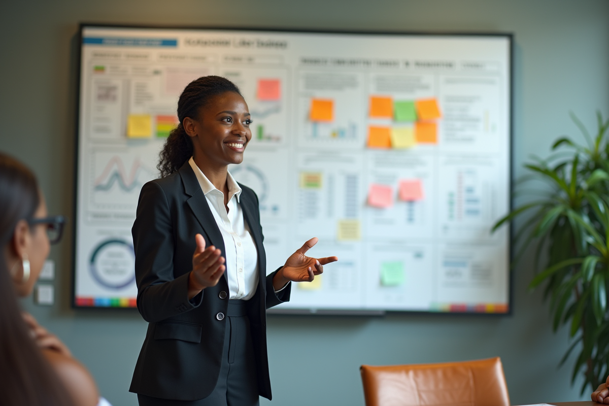 Manager de programme présentant un tableau blanc avec graphiques