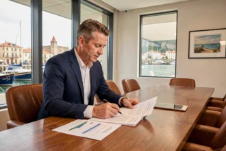 Conseiller en gestion de patrimoine dans un bureau moderne à La Rochelle avec vue sur le port historique