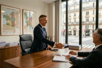Conseiller en gestion de patrimoine accueillant un client dans un bureau moderne à Bordeaux, représentant le classement des meilleurs cabinets en Nouvelle-Aquitaine