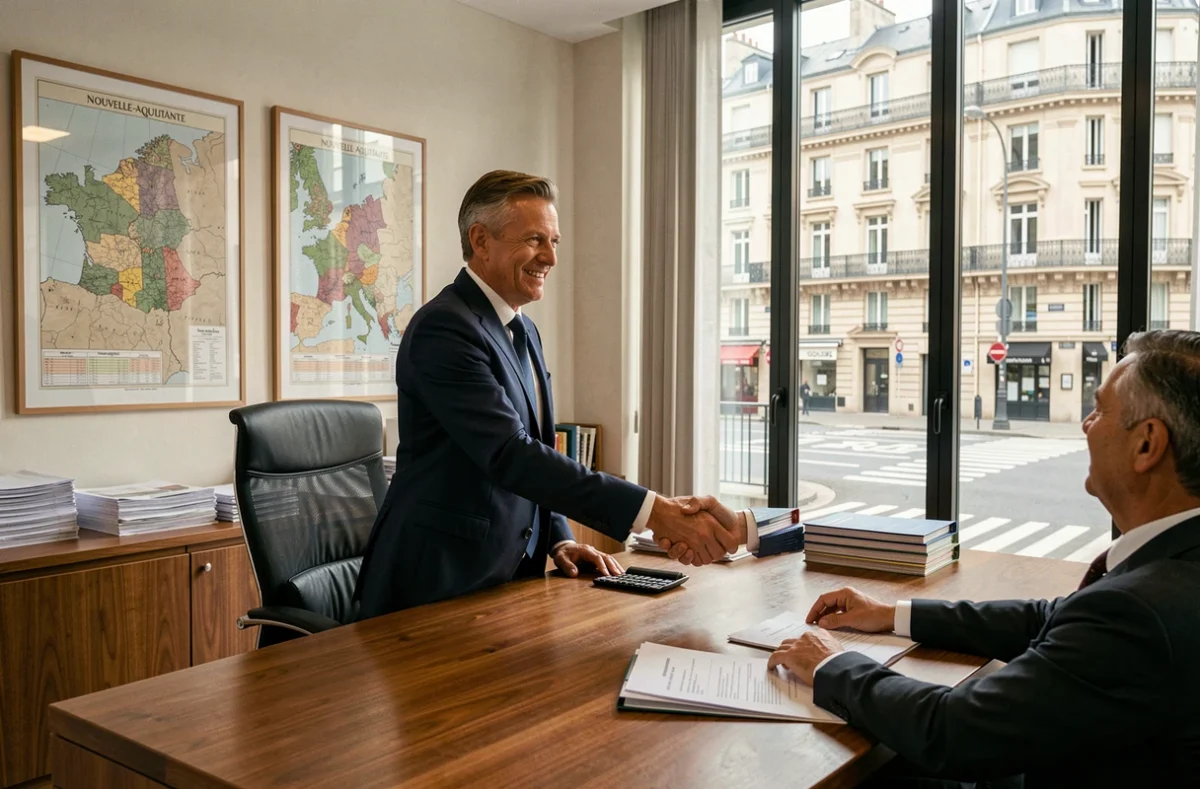 Conseiller en gestion de patrimoine accueillant un client dans un bureau moderne à Bordeaux, représentant le classement des meilleurs cabinets en Nouvelle-Aquitaine