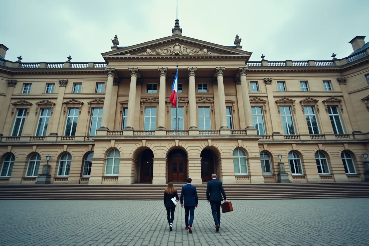 Façade d'un ministère économique français avec des professionnels montant les marches, symbolisant les institutions du classement PIB de la France
